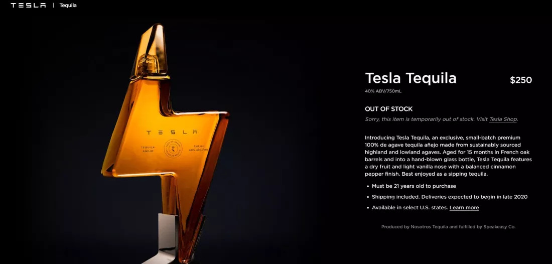 Tesla'nın Resmi web sitesinden Tesla Tequila ürün sayfası görüntüsü